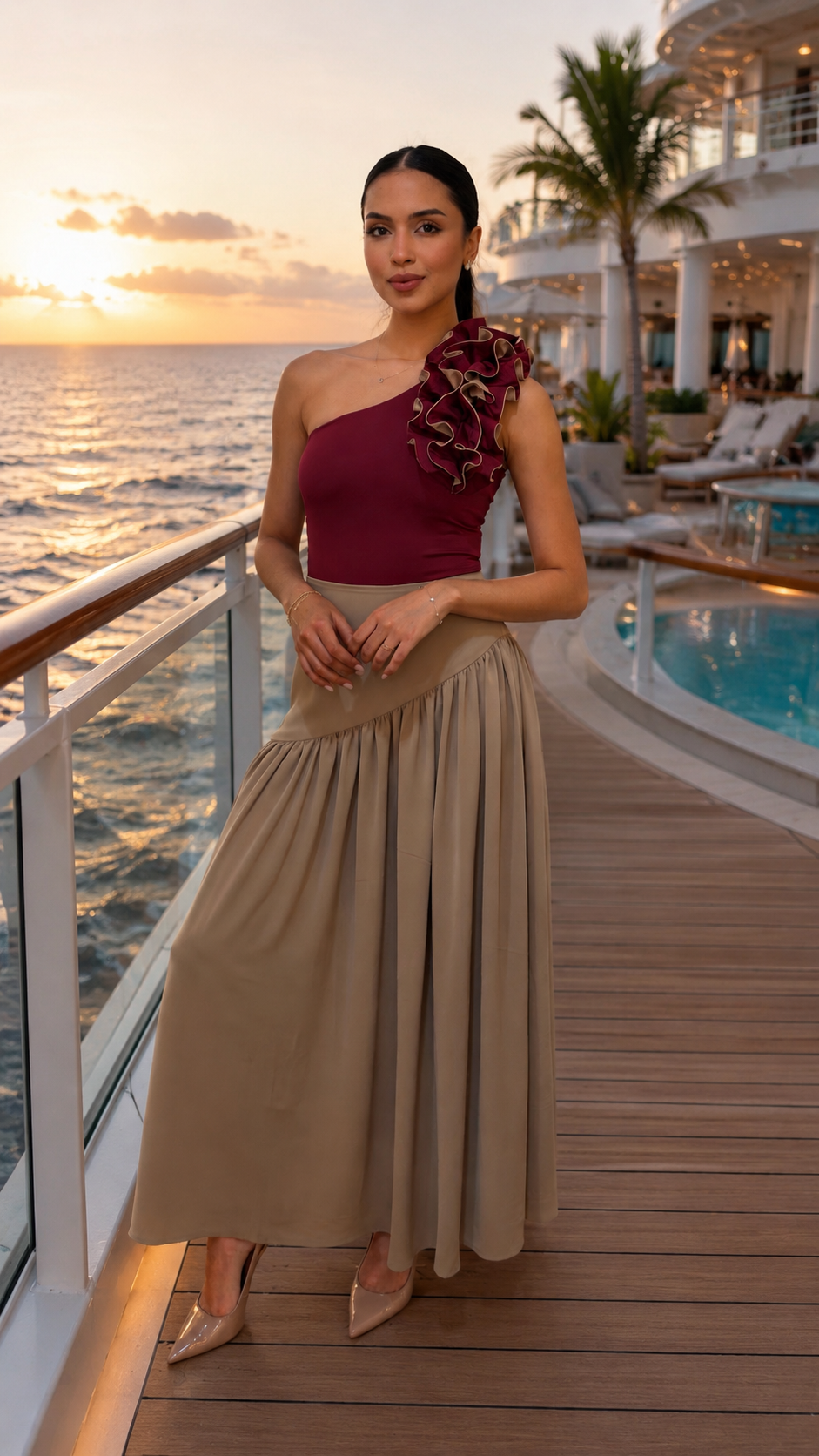 One-Shoulder Ruffle Swimsuit – Burgundy & Beige